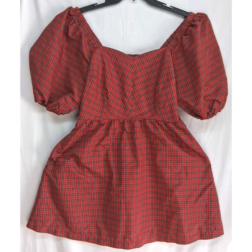 Old Navy Womens L Red Plaid Shirt Puff Sleeve Pockets Festival Party Milkmaid